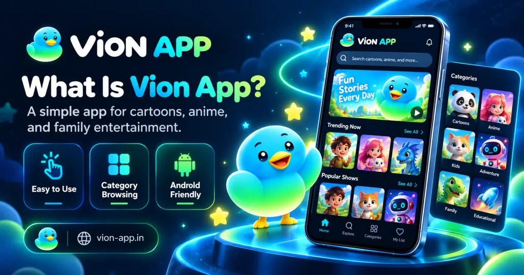 Vion App overview with cartoon and anime categories, Android support, and a simple entertainment interface.