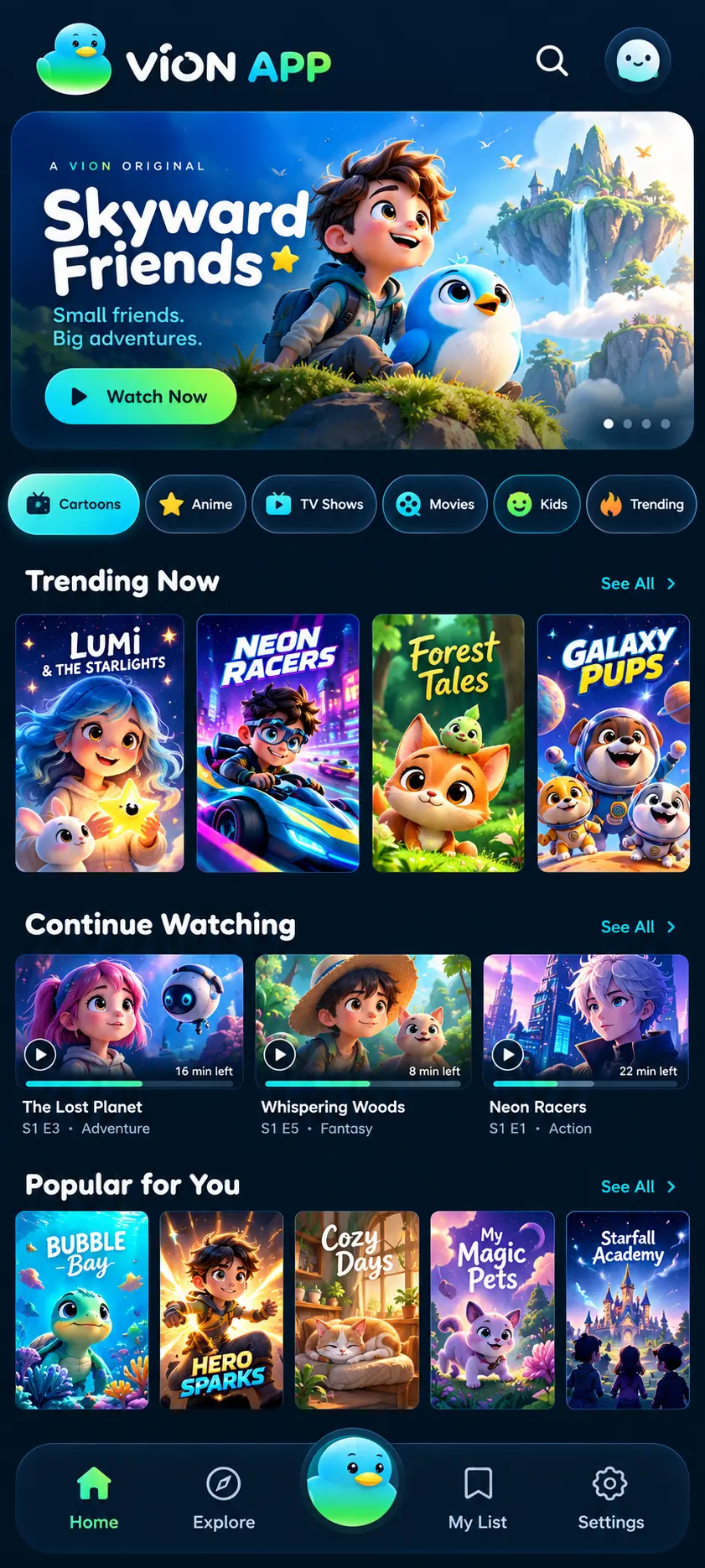 Vion App home screen showing cartoons and anime