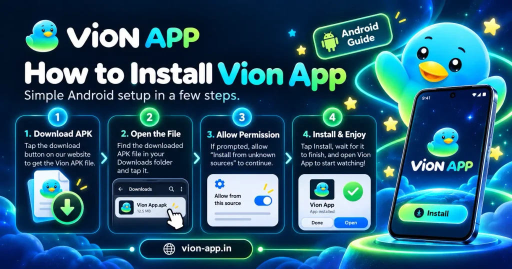 Step-by-step Vion App installation guide showing APK download, file opening, permission setup, and installation.